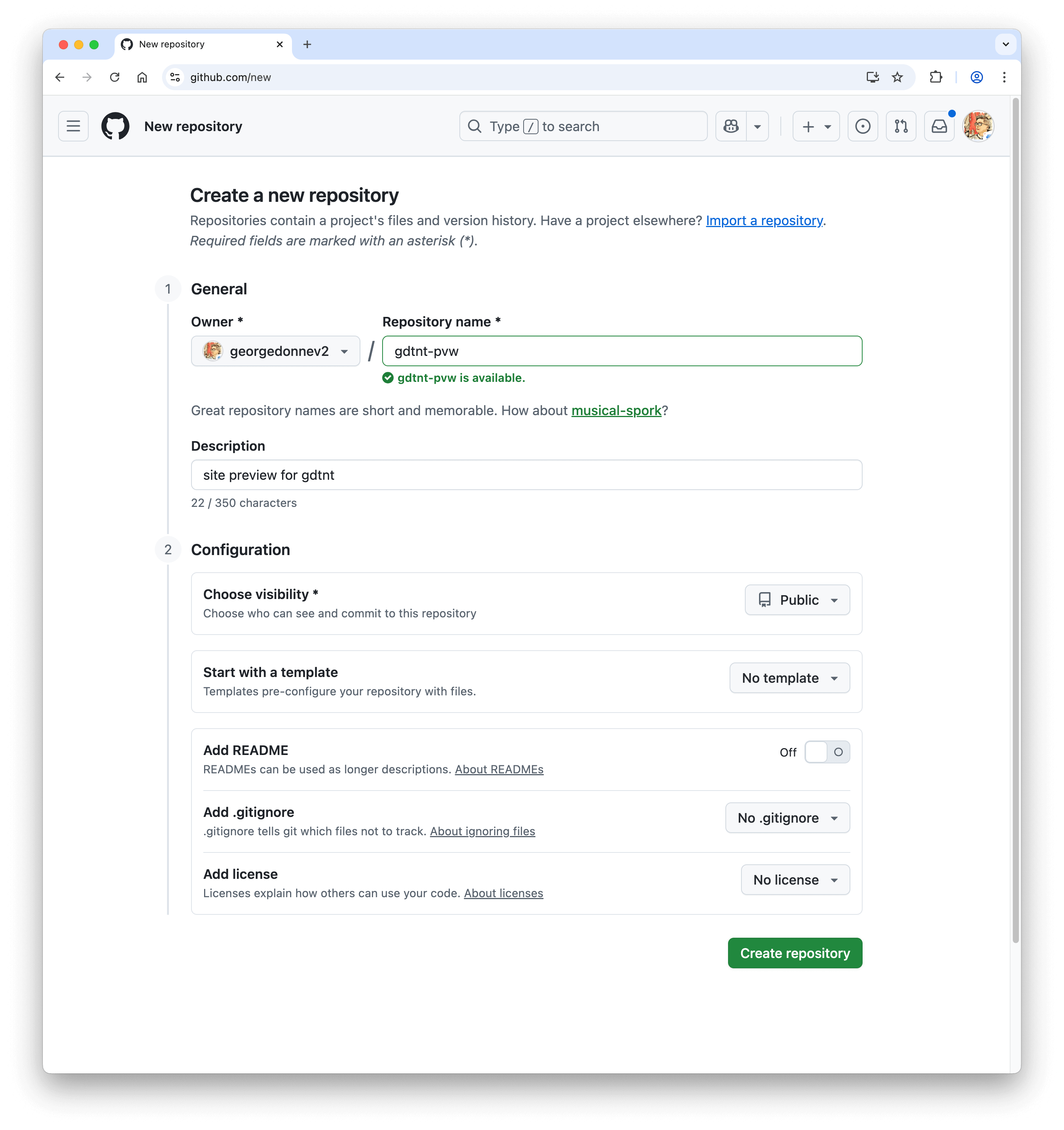 创建仓库用于预览网站